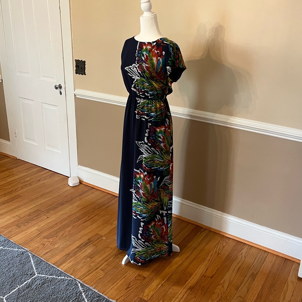 Empire waist, floor length dress, with bright fun print purchased from ModCloth